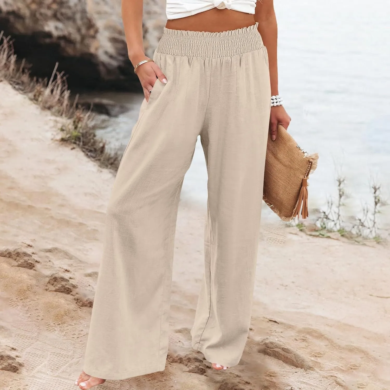 Elastic Waist Wide Leg Linen Pants for Women Pleated Pull On Slacks Dressy Casual Loose Comfy Work Trousers w/Pockets