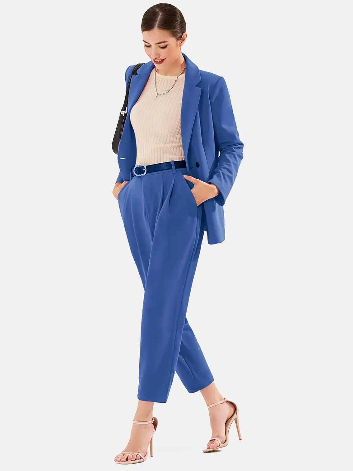 EXLURA Women's Business Blazer and High Elastic Waist Pant Suit Set Loose Fit Casual Fall Winter 2 Piece Suits for Work