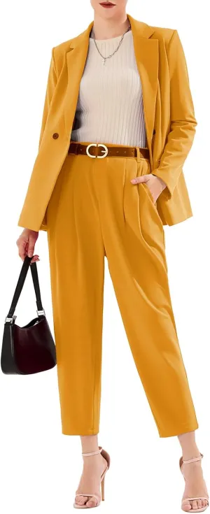 EXLURA Women's Business Blazer and High Elastic Waist Pant Suit Set Loose Fit Casual Fall Winter 2 Piece Suits for Work