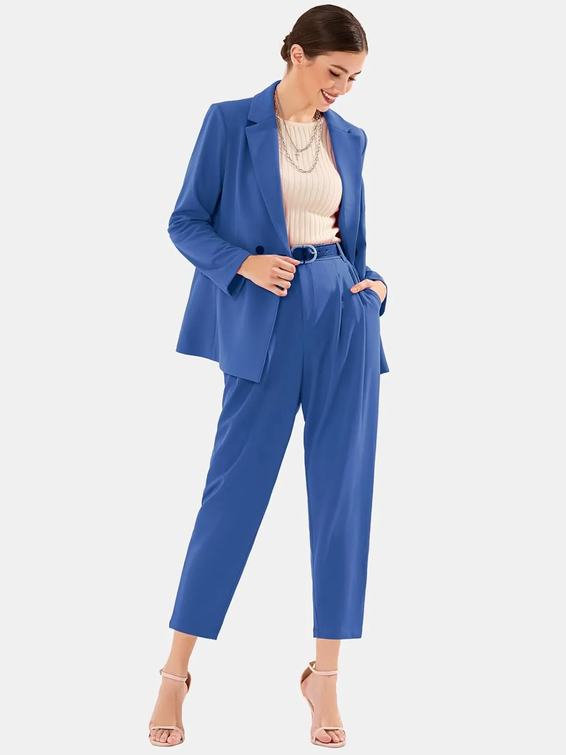 EXLURA Women's Business Blazer and High Elastic Waist Pant Suit Set Loose Fit Casual Fall Winter 2 Piece Suits for Work