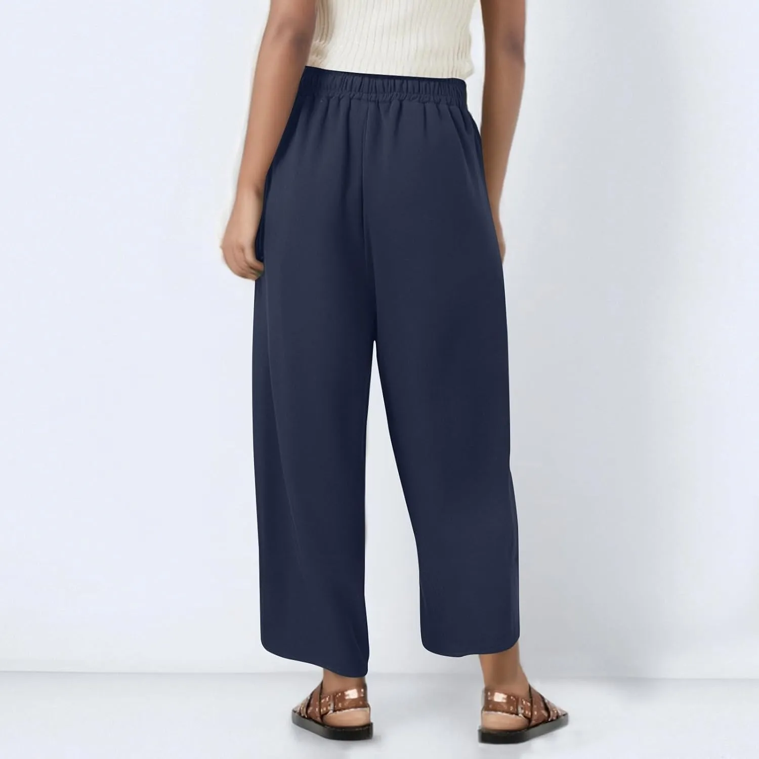 fanmpghleoo Wide Leg Linen Pants for Women Cropped High Waisted Linen Pants Women Summer Casual Pull On Capris with Pockets
