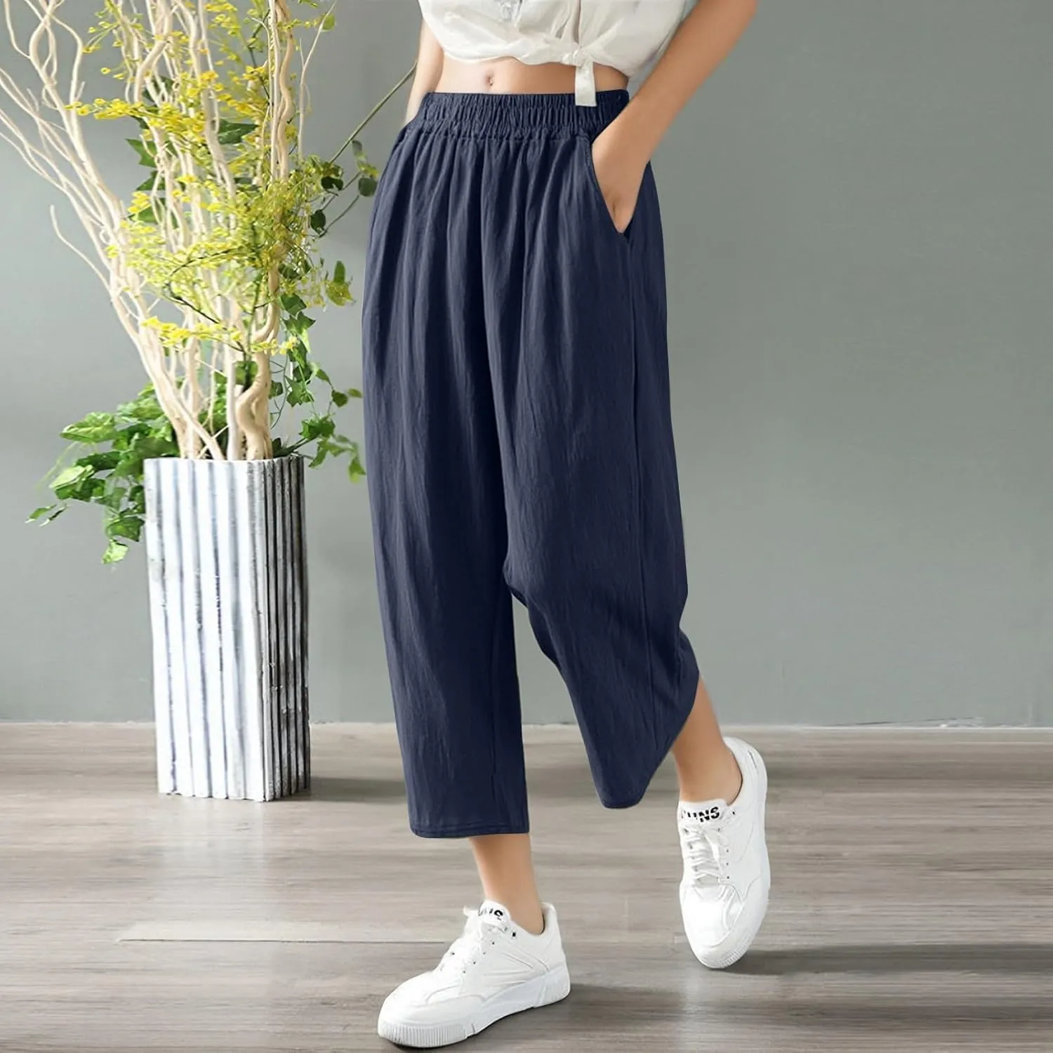 fanmpghleoo Wide Leg Linen Pants for Women Cropped High Waisted Linen Pants Women Summer Casual Pull On Capris with Pockets