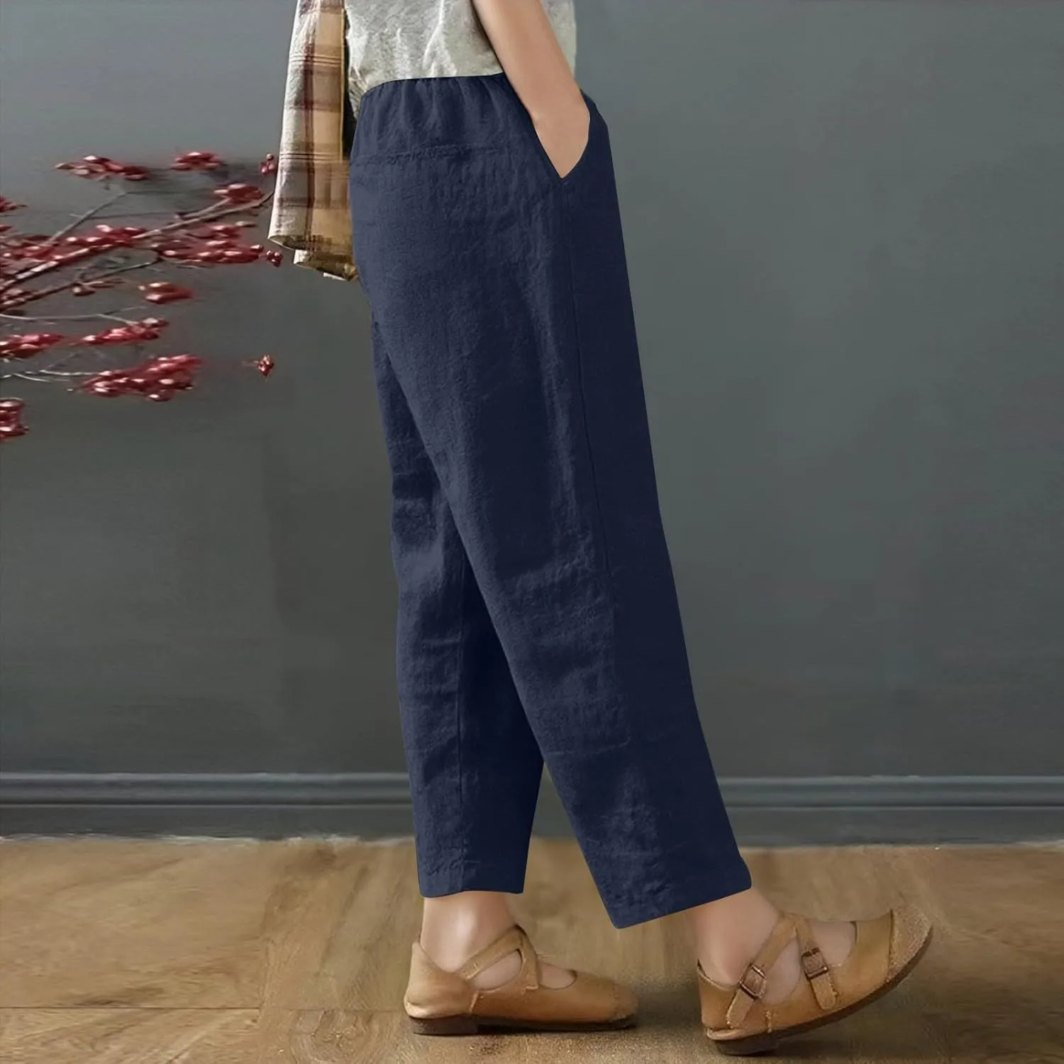 fanmpghleoo Wide Leg Linen Pants for Women Cropped High Waisted Linen Pants Women Summer Casual Pull On Capris with Pockets