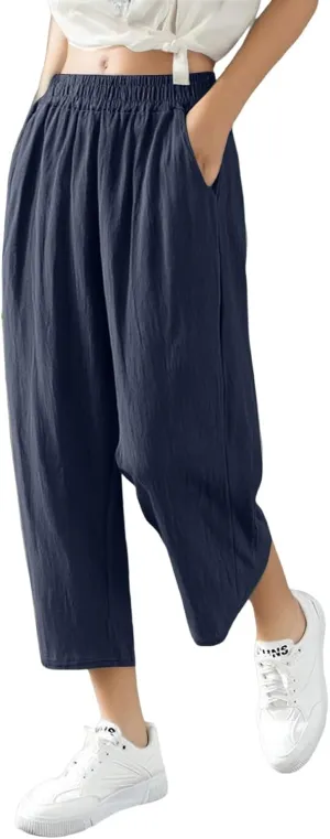 fanmpghleoo Wide Leg Linen Pants for Women Cropped High Waisted Linen Pants Women Summer Casual Pull On Capris with Pockets