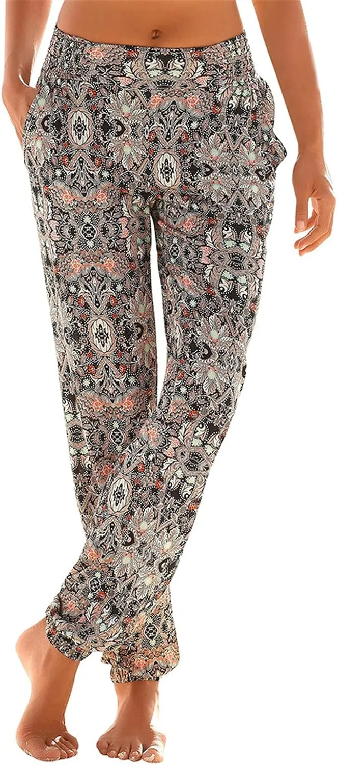 FarJing Women's Boho Palazzo Pants Casual Comfy High Waist Print Stretch Beach Trousers Lounge Pants Wide Leg
