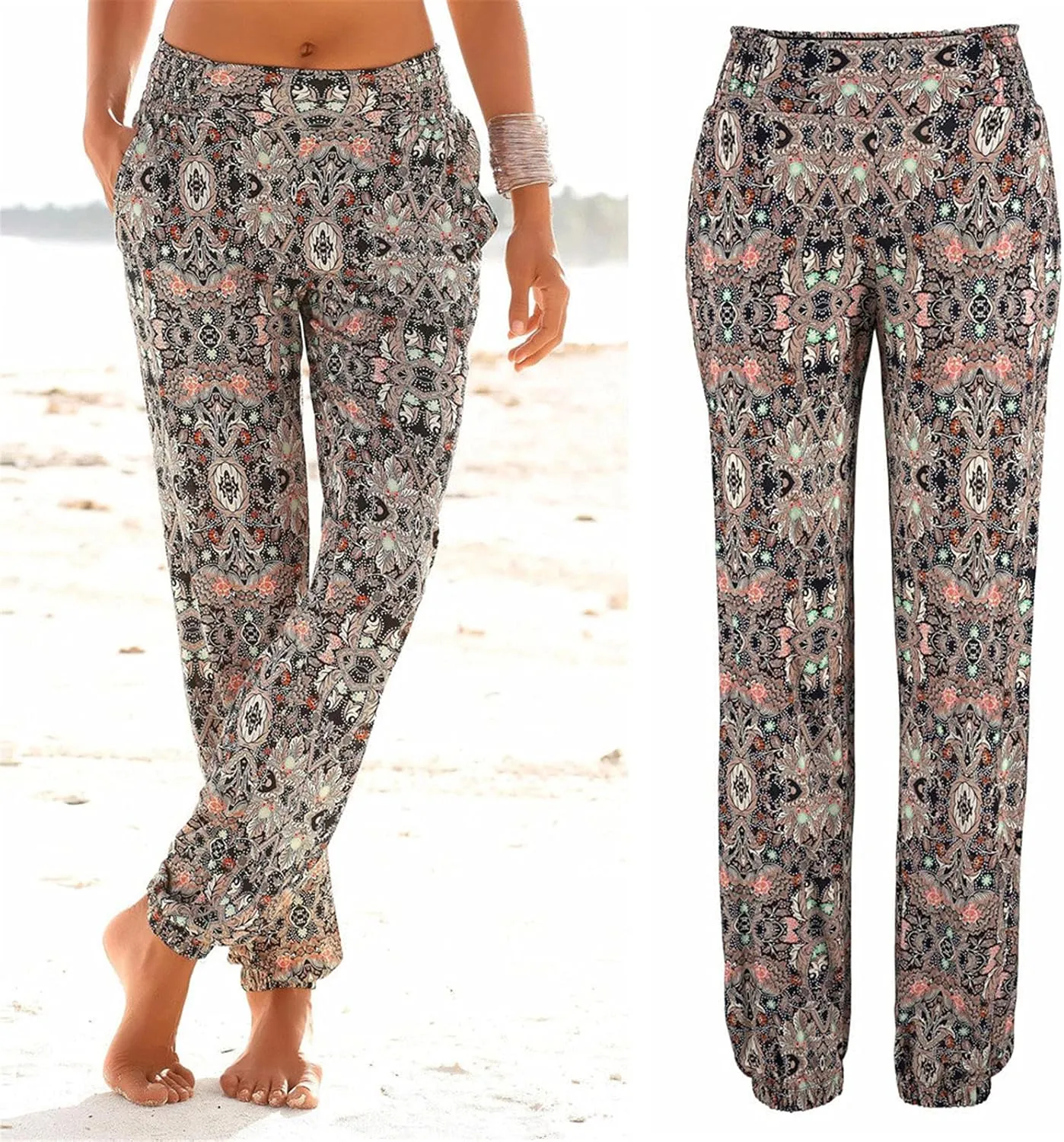 FarJing Women's Boho Palazzo Pants Casual Comfy High Waist Print Stretch Beach Trousers Lounge Pants Wide Leg