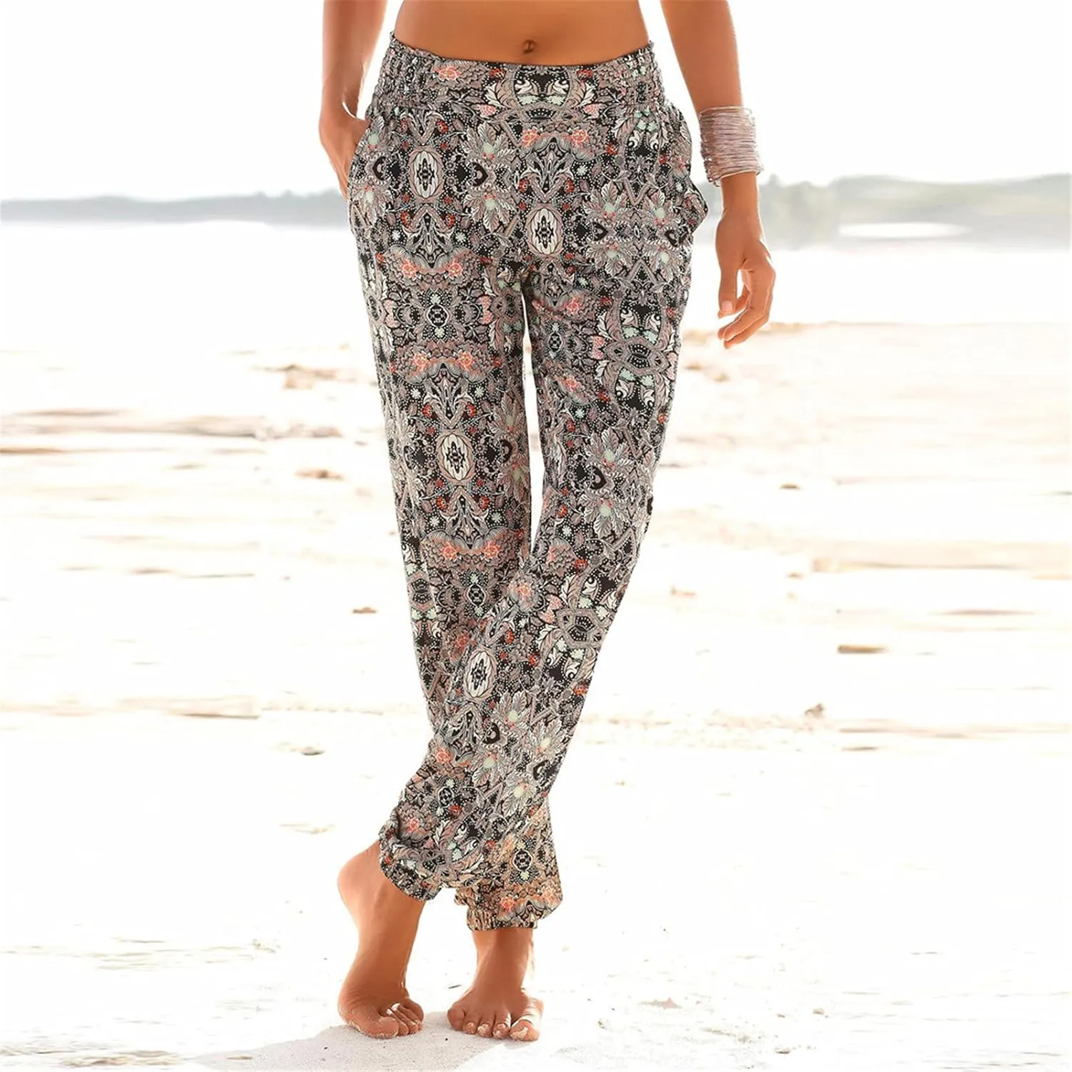 FarJing Women's Boho Palazzo Pants Casual Comfy High Waist Print Stretch Beach Trousers Lounge Pants Wide Leg