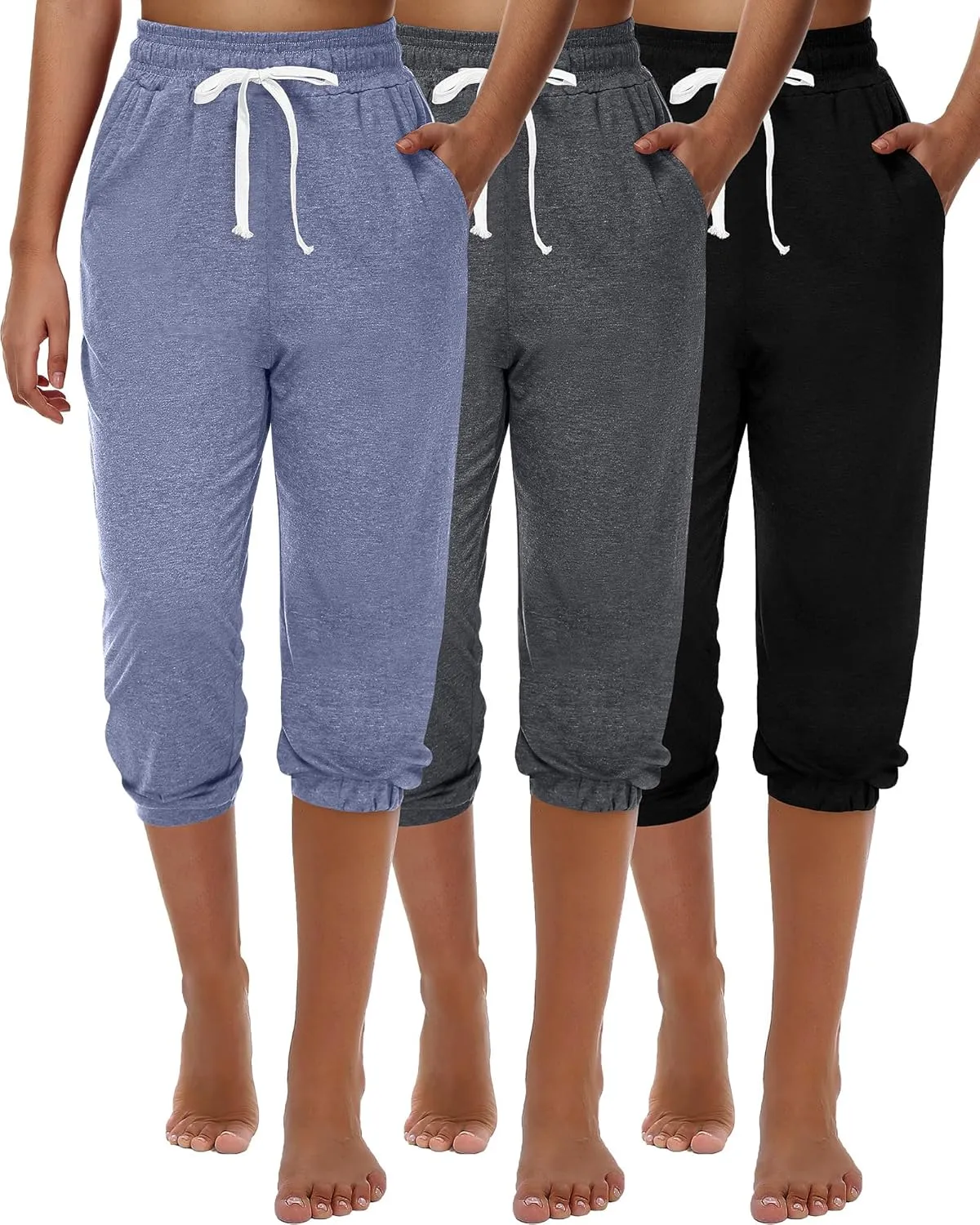 Ficerd 3 Pcs Women's Capri Sweatpants Joggers Summer Casual Sports Cropped Lounge Pants High Waisted Athletic with Pockets