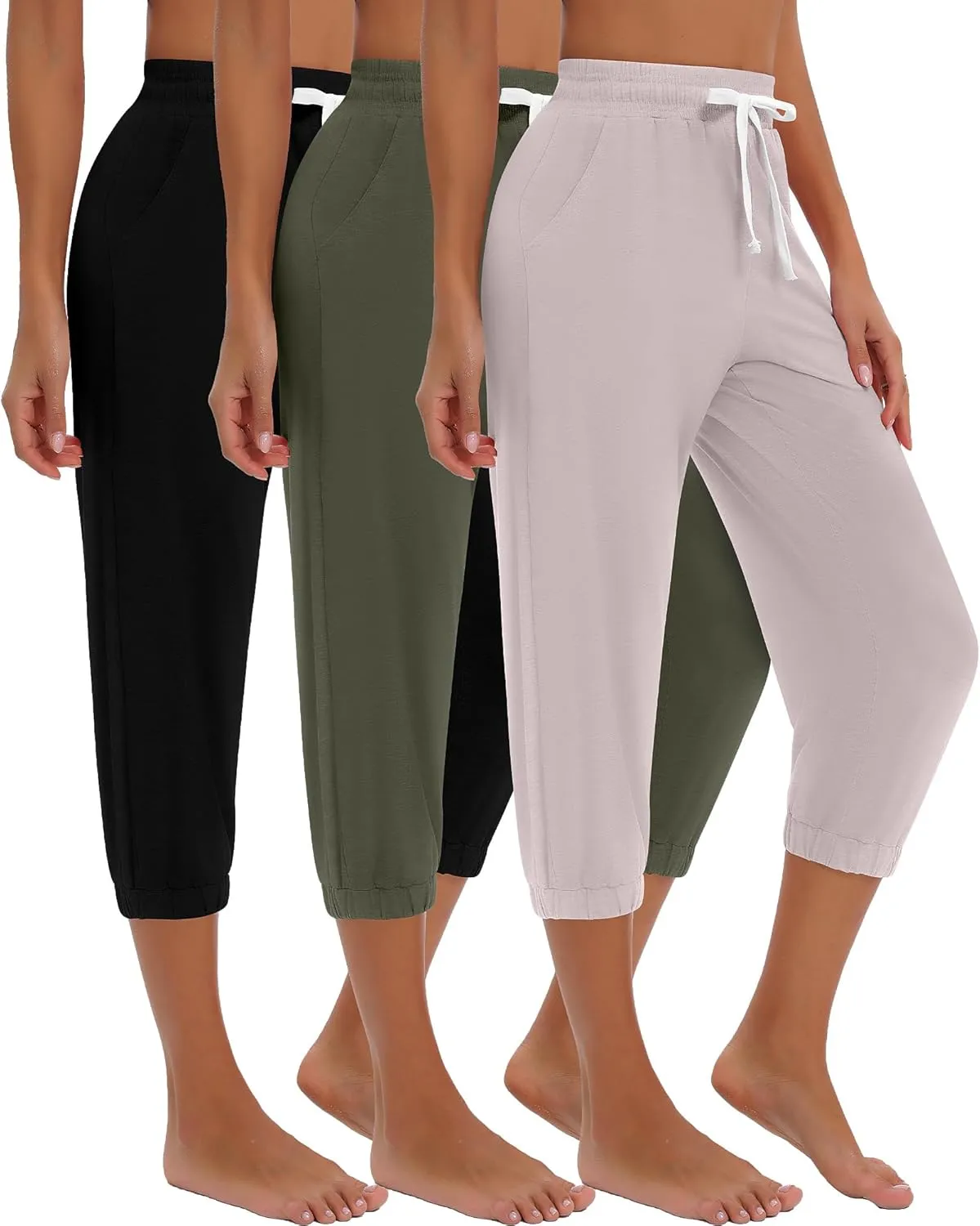 Ficerd 3 Pcs Women's Capri Sweatpants Joggers Summer Casual Sports Cropped Lounge Pants High Waisted Athletic with Pockets