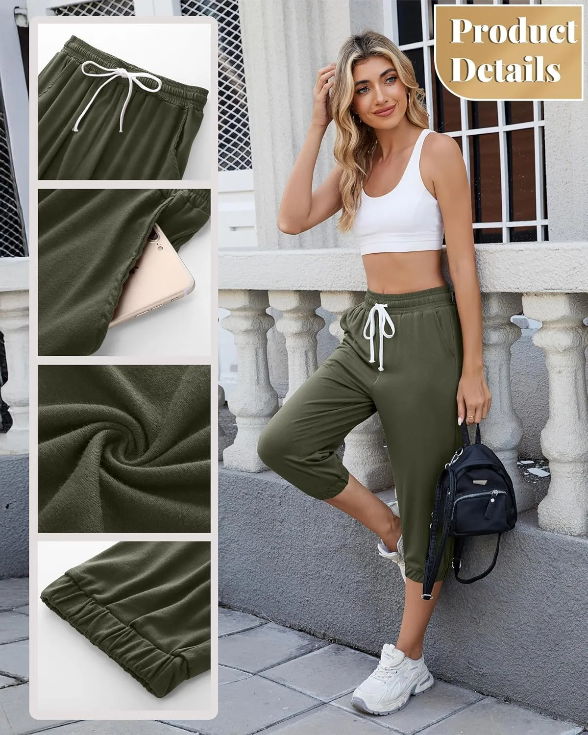 Ficerd 3 Pcs Women's Capri Sweatpants Joggers Summer Casual Sports Cropped Lounge Pants High Waisted Athletic with Pockets