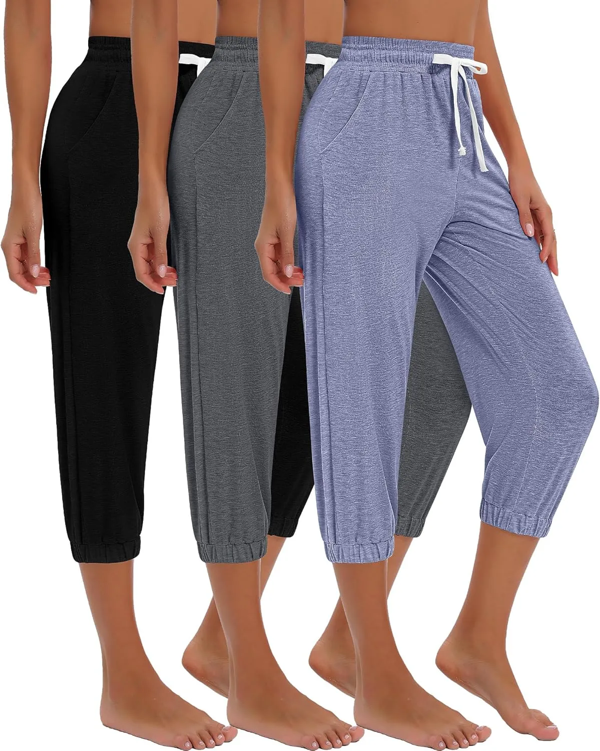 Ficerd 3 Pcs Women's Capri Sweatpants Joggers Summer Casual Sports Cropped Lounge Pants High Waisted Athletic with Pockets