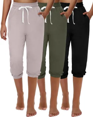 Ficerd 3 Pcs Women's Capri Sweatpants Joggers Summer Casual Sports Cropped Lounge Pants High Waisted Athletic with Pockets