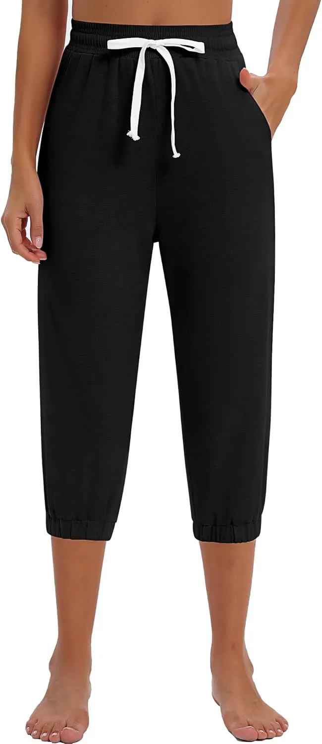 Ficerd 3 Pcs Women's Capri Sweatpants Joggers Summer Casual Sports Cropped Lounge Pants High Waisted Athletic with Pockets