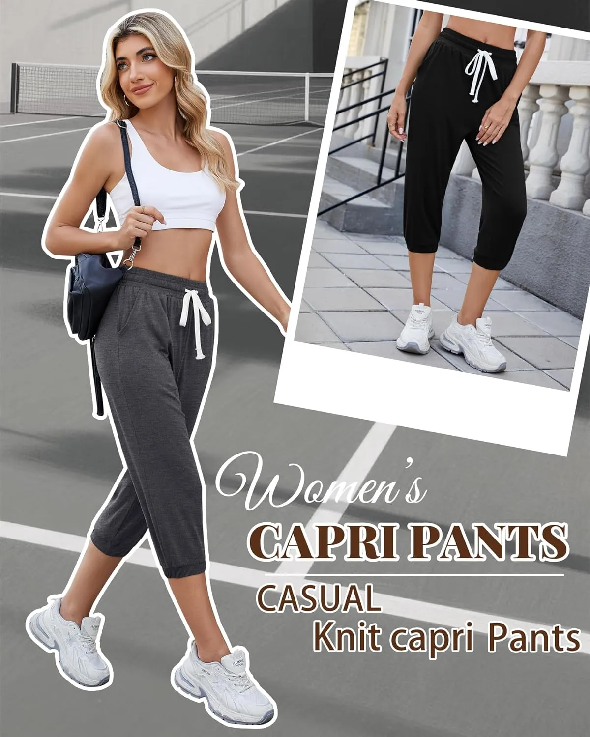 Ficerd 3 Pcs Women's Capri Sweatpants Joggers Summer Casual Sports Cropped Lounge Pants High Waisted Athletic with Pockets