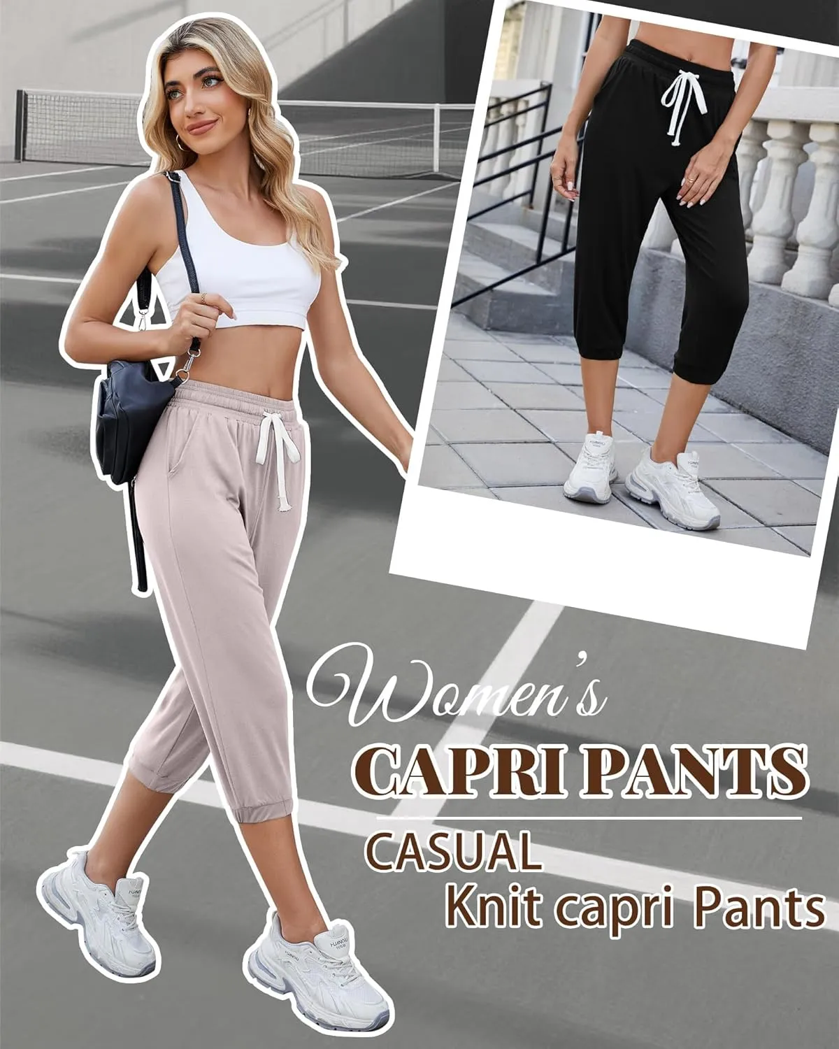 Ficerd 3 Pcs Women's Capri Sweatpants Joggers Summer Casual Sports Cropped Lounge Pants High Waisted Athletic with Pockets