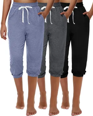 Ficerd 3 Pcs Women's Capri Sweatpants Joggers Summer Casual Sports Cropped Lounge Pants High Waisted Athletic with Pockets