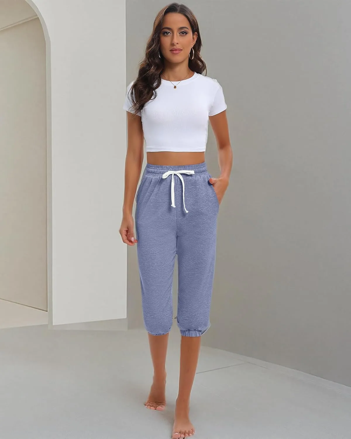 Ficerd 3 Pcs Women's Capri Sweatpants Joggers Summer Casual Sports Cropped Lounge Pants High Waisted Athletic with Pockets