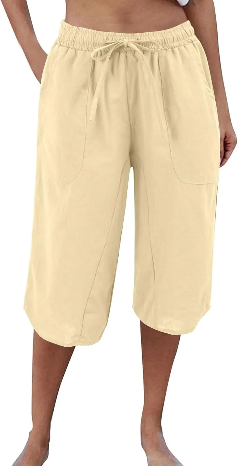 FlekmanArt Womens Capris for Summer Cotton Linen Pants Casual 2025 Loose Comfy Elastic Waist Cropped Trouser Beach Clothes