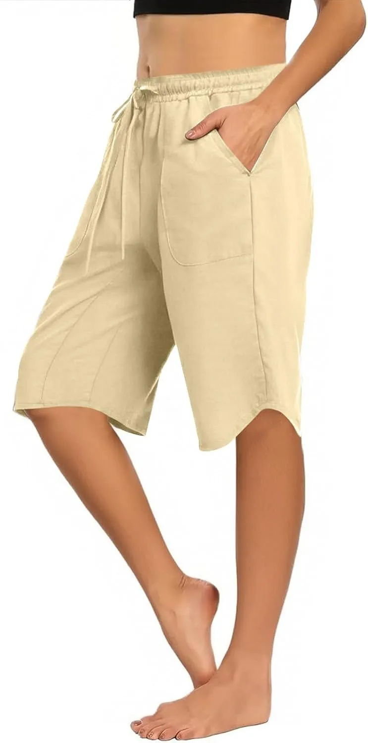 FlekmanArt Womens Capris for Summer Cotton Linen Pants Casual 2025 Loose Comfy Elastic Waist Cropped Trouser Beach Clothes