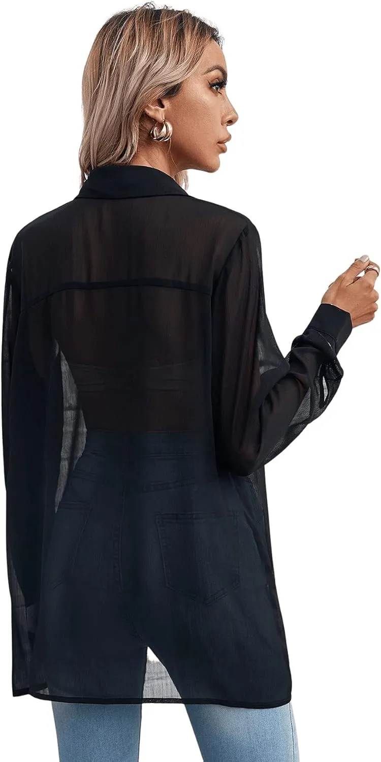 Floerns Women's Sheer Mesh Button Up Short Sleeve Shirt See Through Blouse Tops