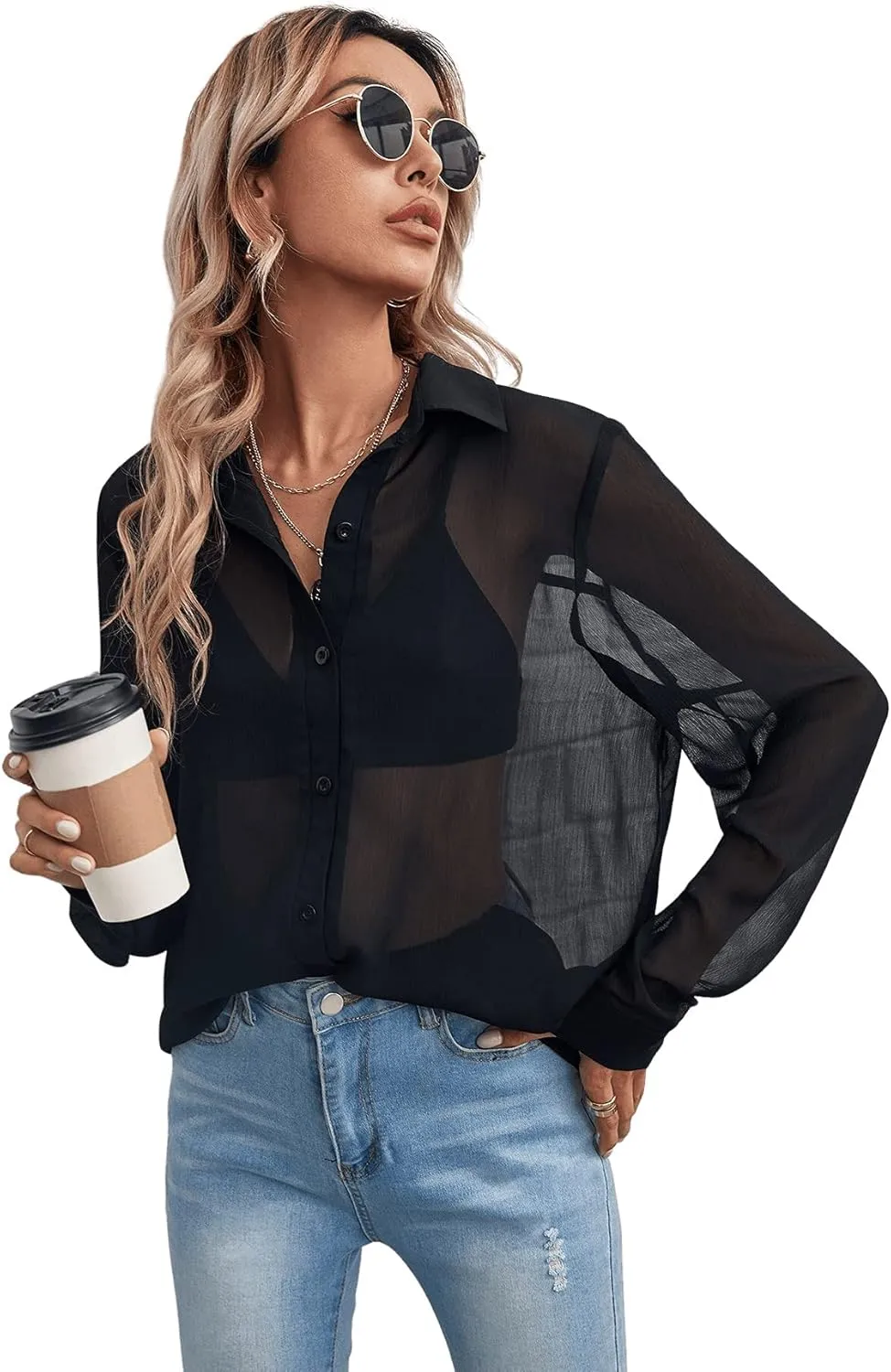 Floerns Women's Sheer Mesh Button Up Short Sleeve Shirt See Through Blouse Tops
