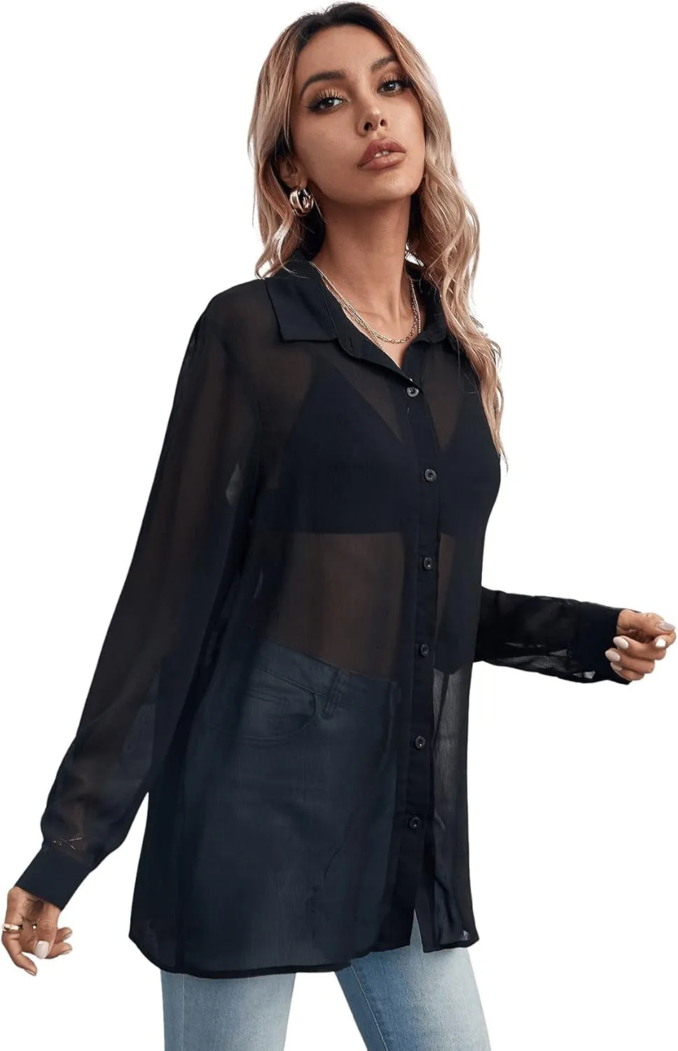 Floerns Women's Sheer Mesh Button Up Short Sleeve Shirt See Through Blouse Tops