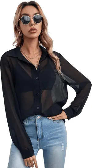 Floerns Women's Sheer Mesh Button Up Short Sleeve Shirt See Through Blouse Tops