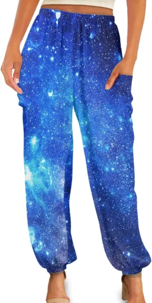 Forchrinse Red Galaxy Nebula Harem Pants for Women High Wiasted Flowy Yoga Jogger Loose Comfy Palazzo Pants Plus Size