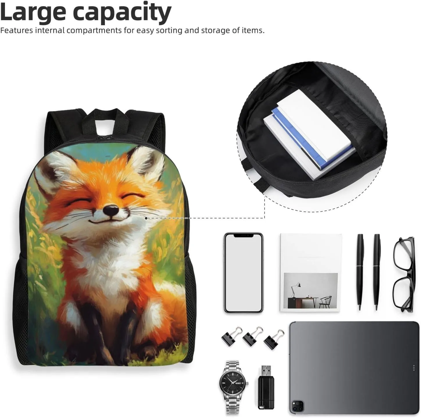 Fox Happy Backpack Waterproof Anti Theft Durable Light Laptop Bag Backpacks For Women Men Travel Gym Backpack