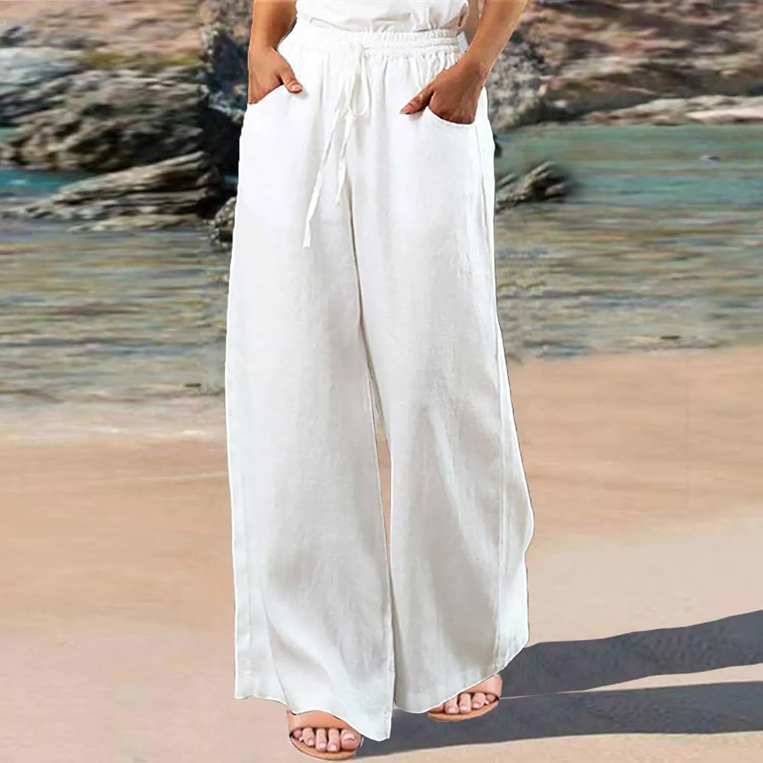 FRMUIC Women Cotton Linen Pants Summer High Waist Wide Leg Pants Drawstring Loose Trousers Casual Lounge Pants with Pocket