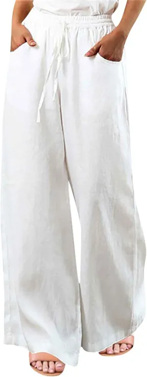 FRMUIC Women Cotton Linen Pants Summer High Waist Wide Leg Pants Drawstring Loose Trousers Casual Lounge Pants with Pocket