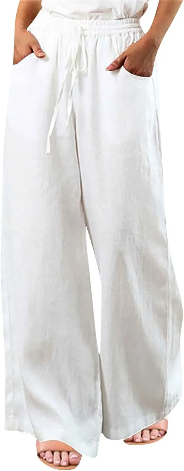 FRMUIC Women Cotton Linen Pants Summer High Waist Wide Leg Pants Drawstring Loose Trousers Casual Lounge Pants with Pocket
