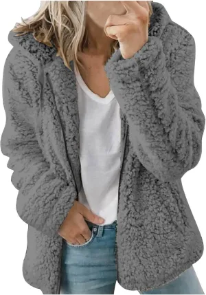 Fuzzy Fleece Jacket for Women Fall Winter Warm Shaggy Teddy Coats Oversized Zip Up Faux Fur Sherpa Hoodies Outwear
