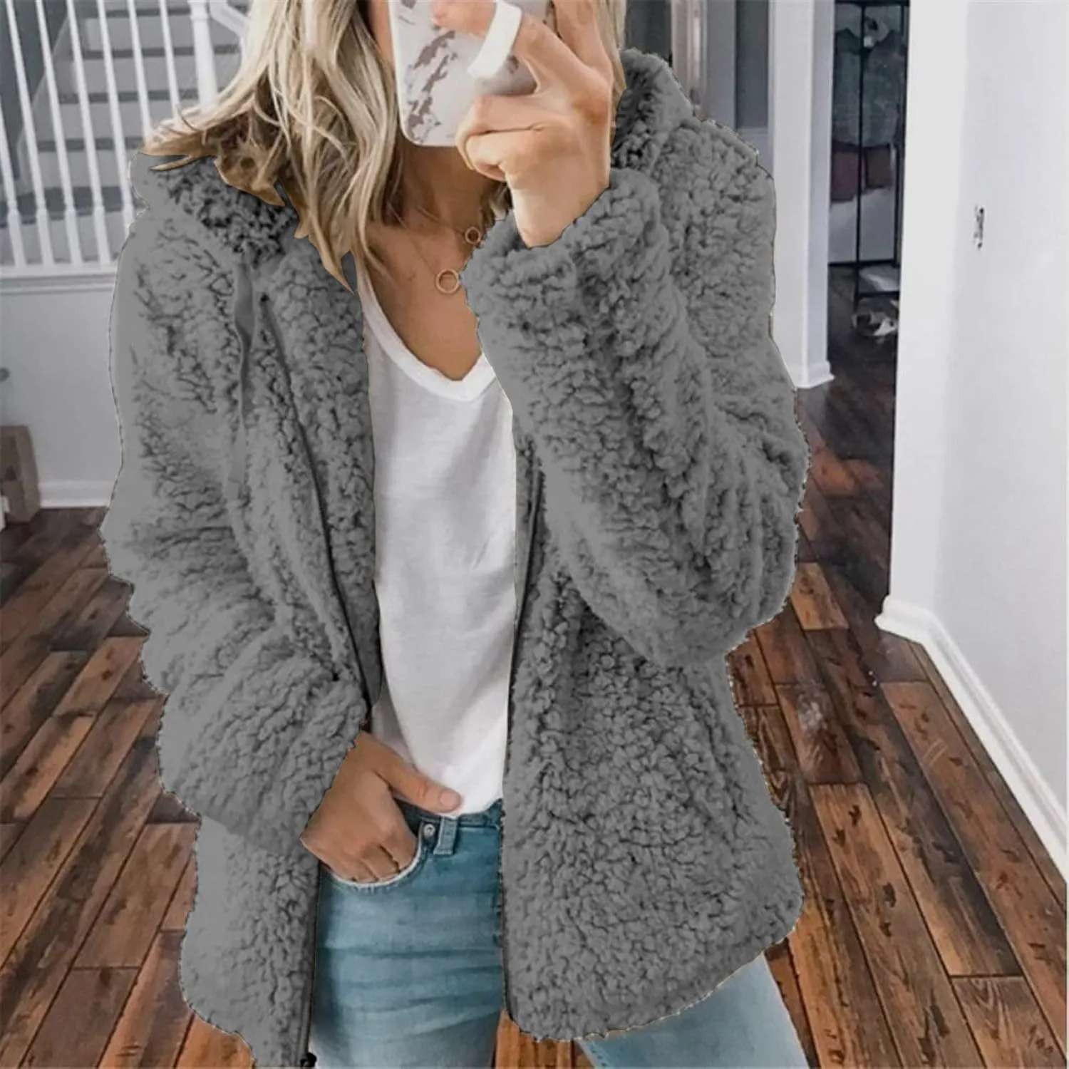 Fuzzy Fleece Jacket for Women Fall Winter Warm Shaggy Teddy Coats Oversized Zip Up Faux Fur Sherpa Hoodies Outwear