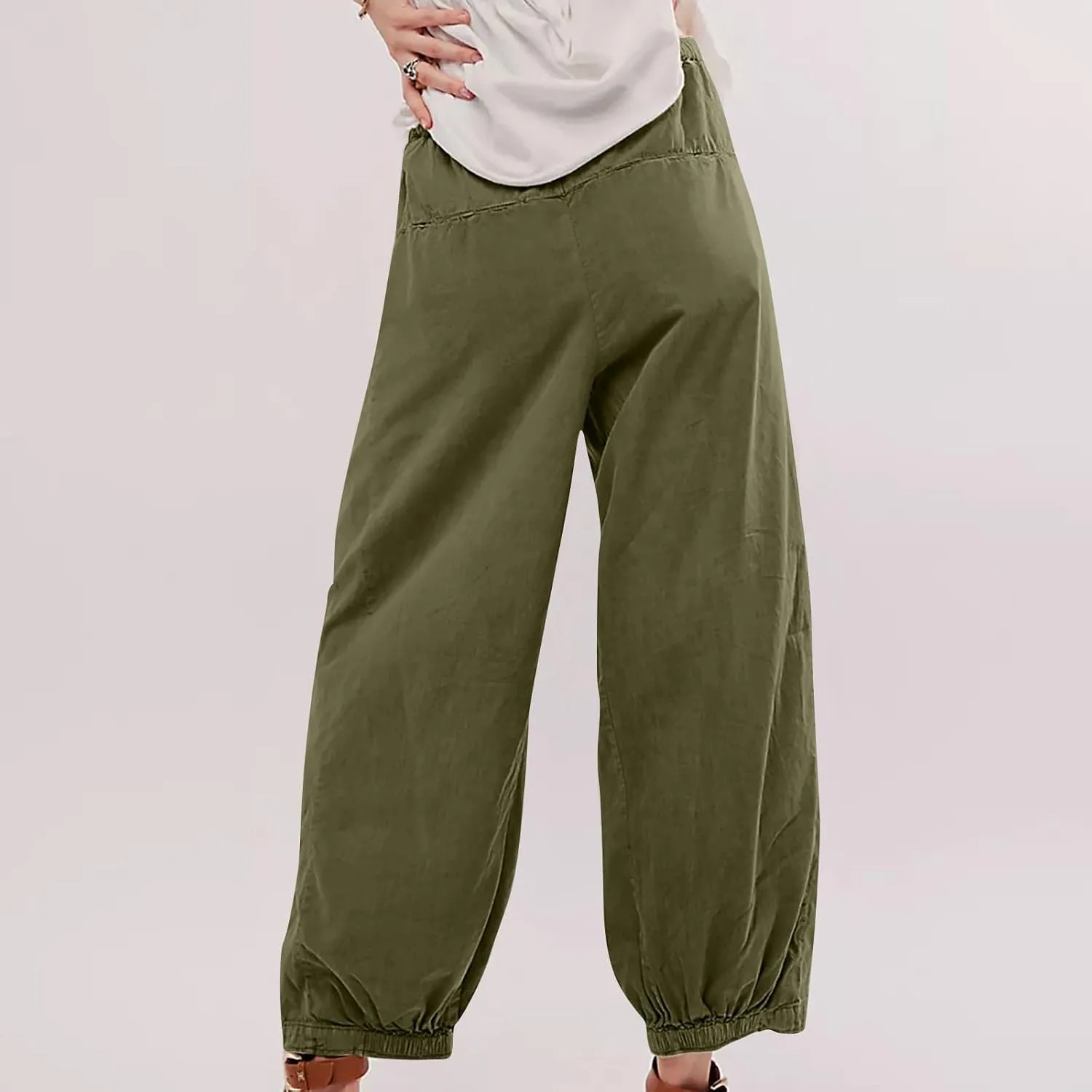 Generic Womens Linen Pants, Comfy Elastic High Waist Palazzo Pants with Pockets, Casual Loose Wide Leg Cotton Trousers