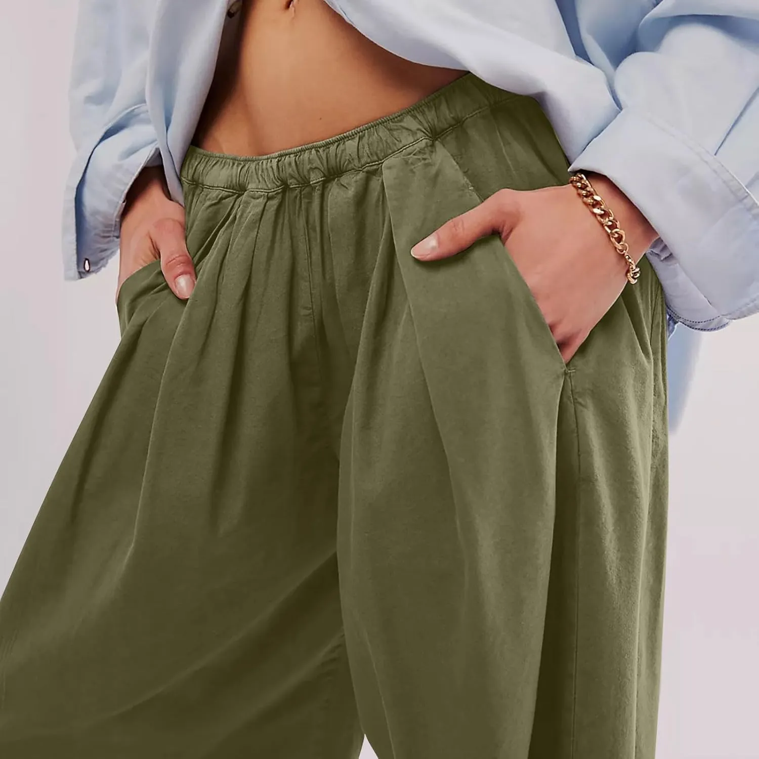 Generic Womens Linen Pants, Comfy Elastic High Waist Palazzo Pants with Pockets, Casual Loose Wide Leg Cotton Trousers