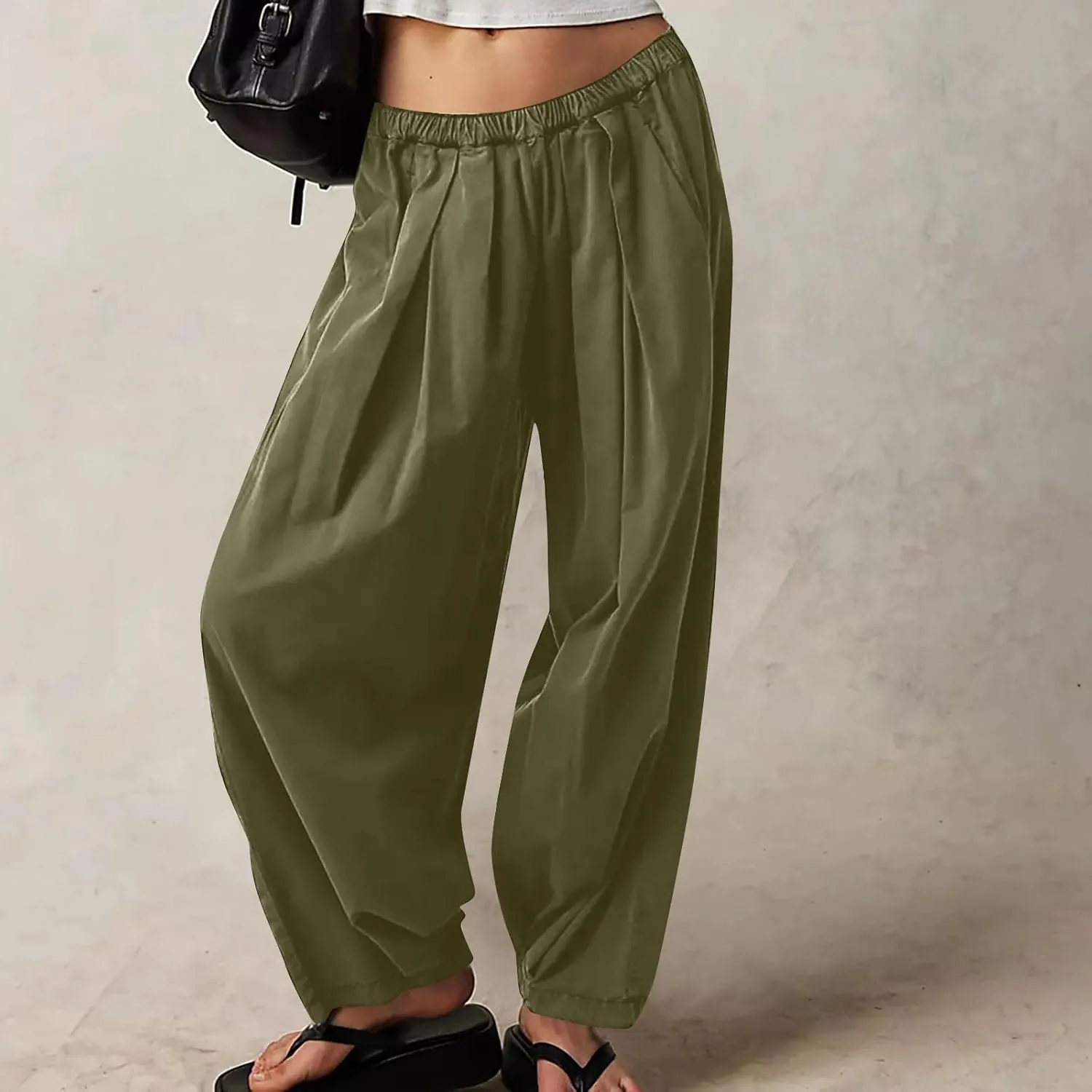 Generic Womens Linen Pants, Comfy Elastic High Waist Palazzo Pants with Pockets, Casual Loose Wide Leg Cotton Trousers