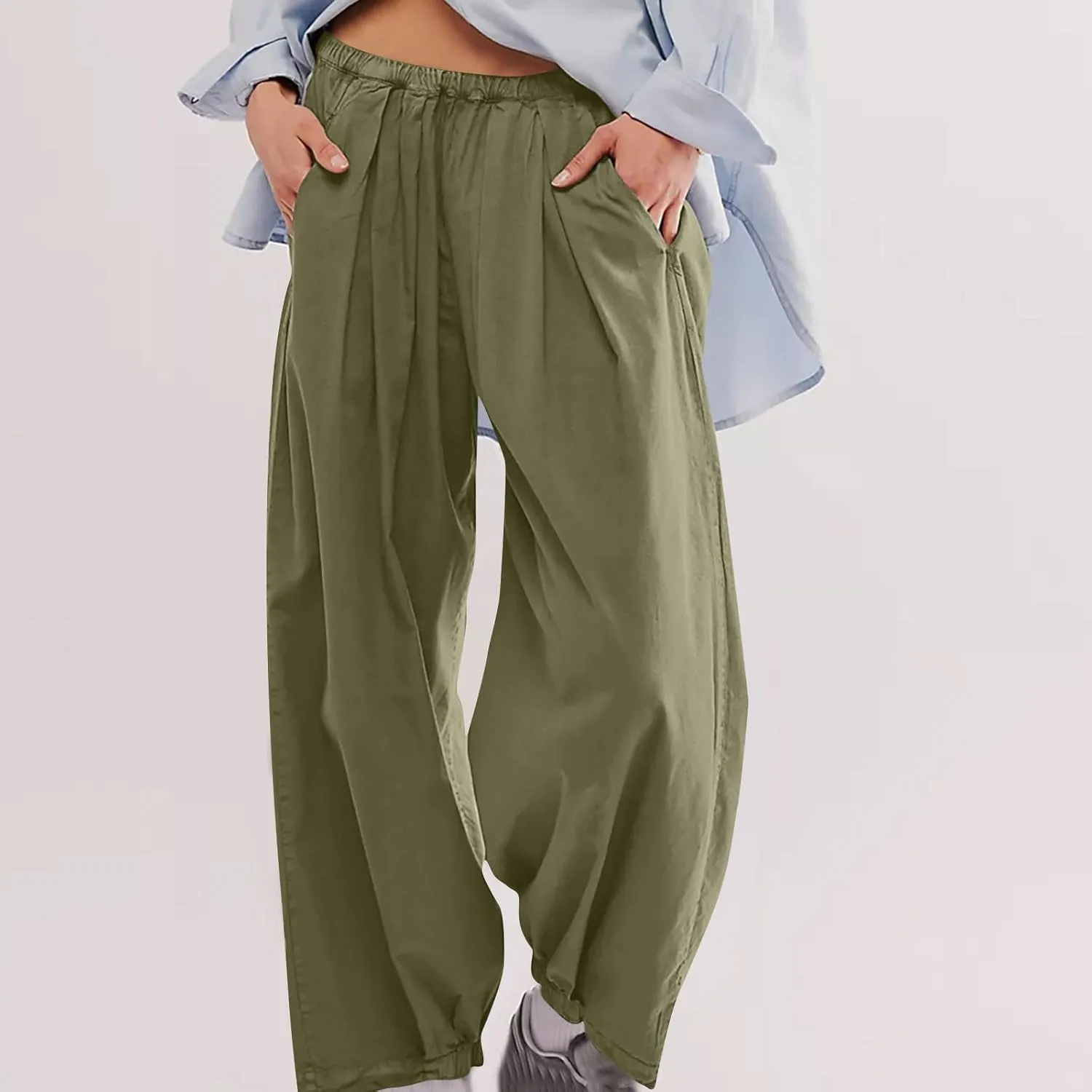 Generic Womens Linen Pants, Comfy Elastic High Waist Palazzo Pants with Pockets, Casual Loose Wide Leg Cotton Trousers