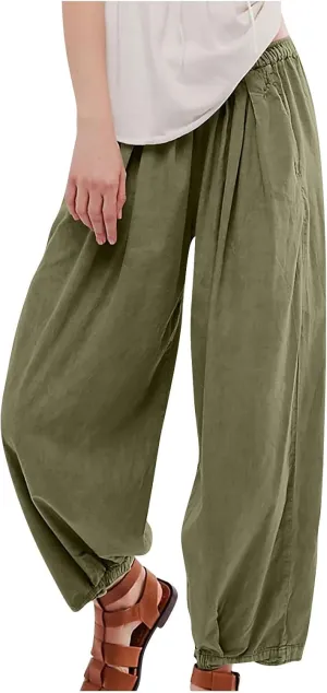 Generic Womens Linen Pants, Comfy Elastic High Waist Palazzo Pants with Pockets, Casual Loose Wide Leg Cotton Trousers
