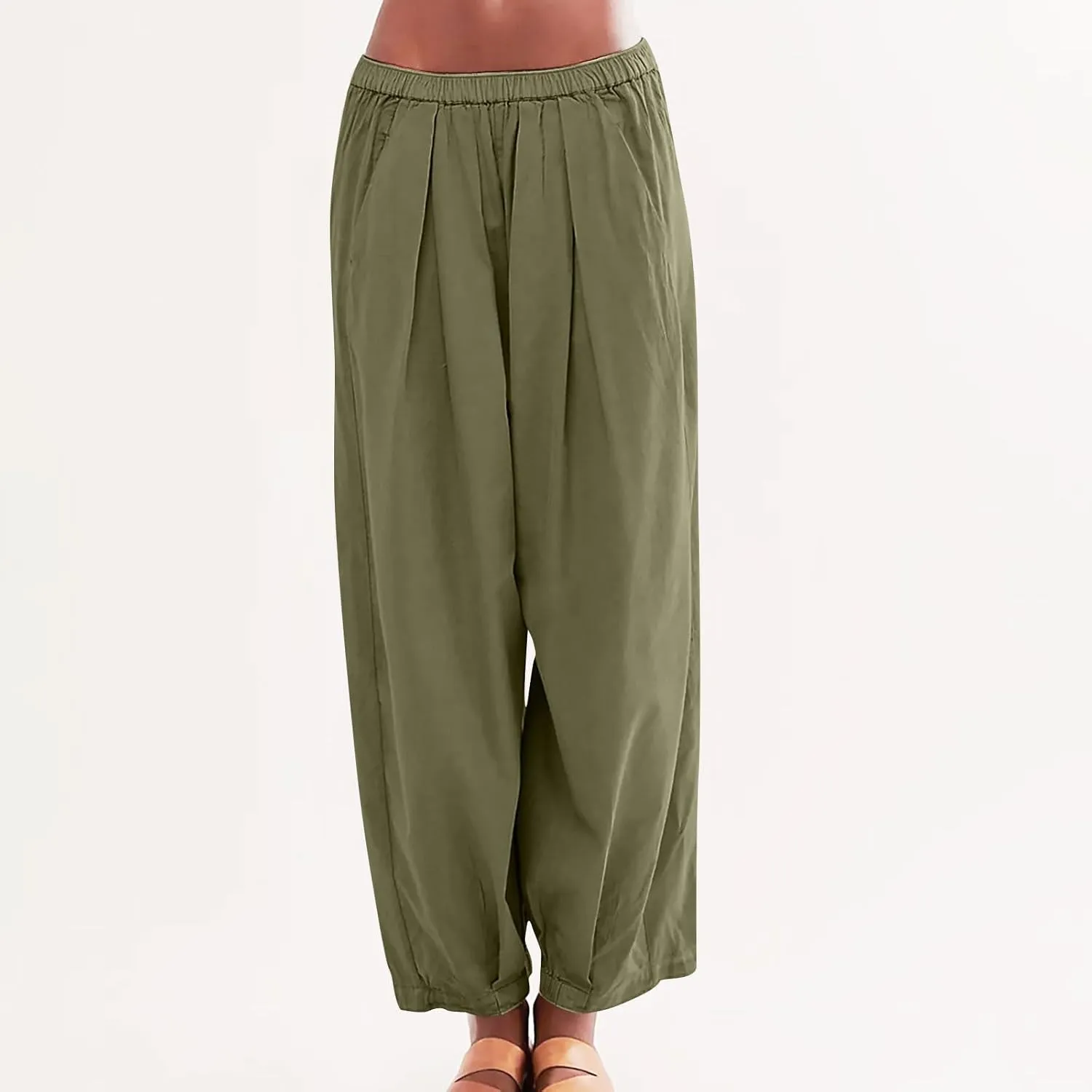Generic Womens Linen Pants, Comfy Elastic High Waist Palazzo Pants with Pockets, Casual Loose Wide Leg Cotton Trousers