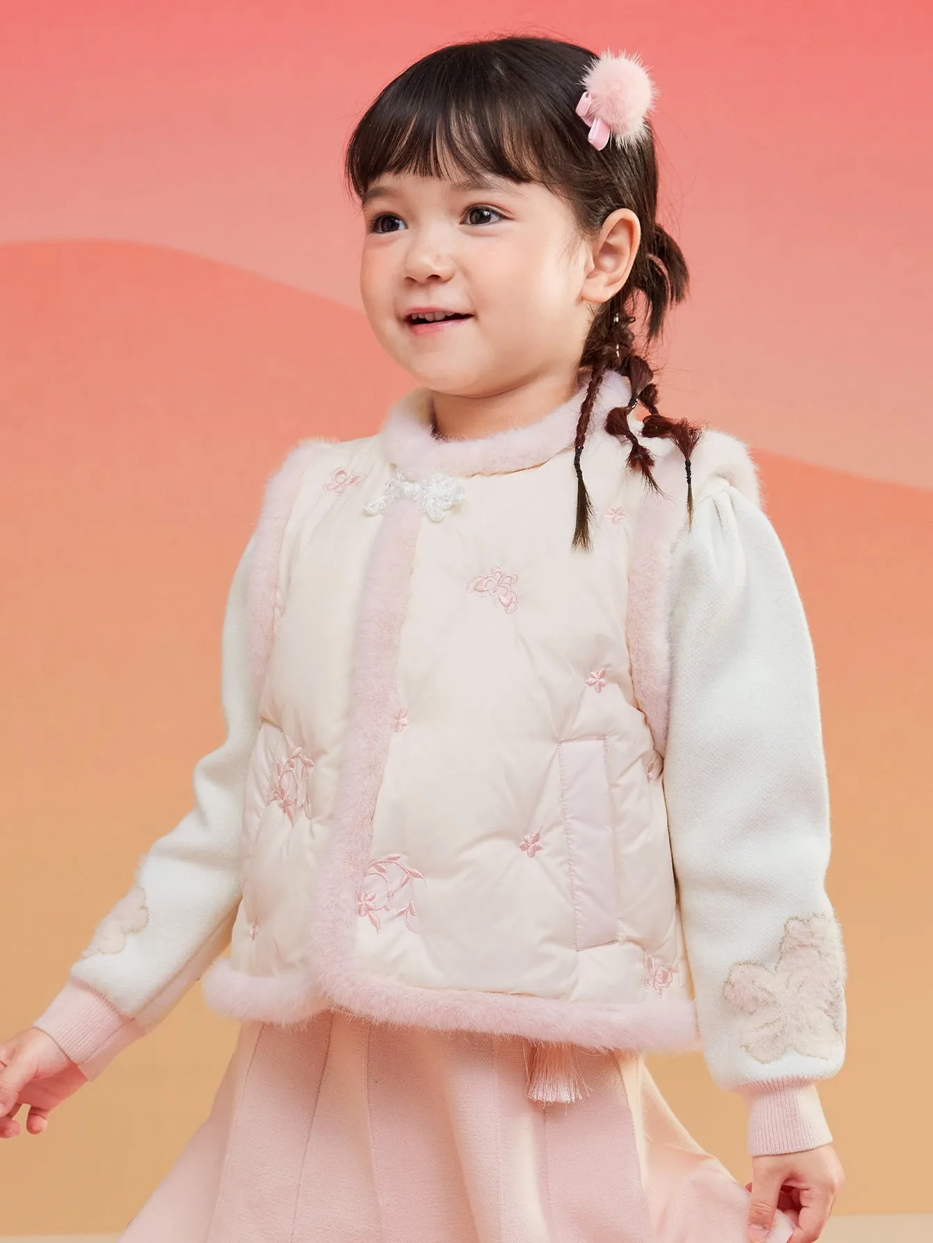 Girl Toddler Butterfly And Flower Embroidery Button Vest