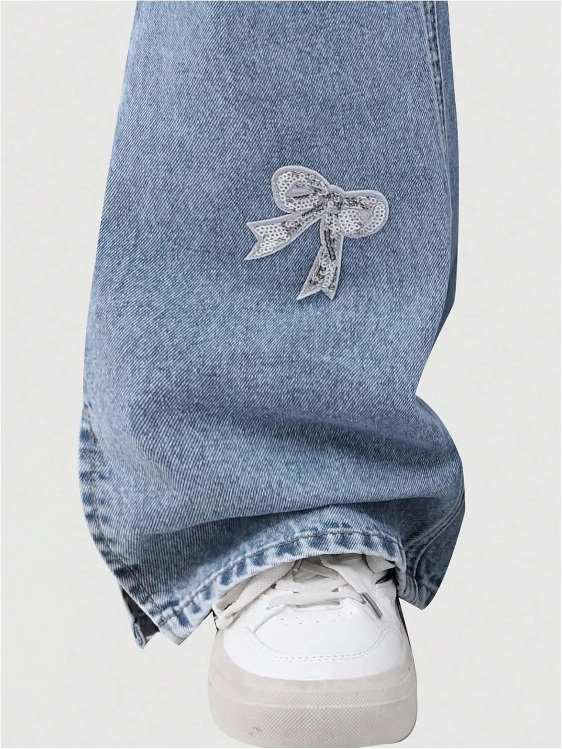 Girl's Bow Graphic Patch Jeans Elastic Waist Straight Leg Y2k Denim Pants with Pockets