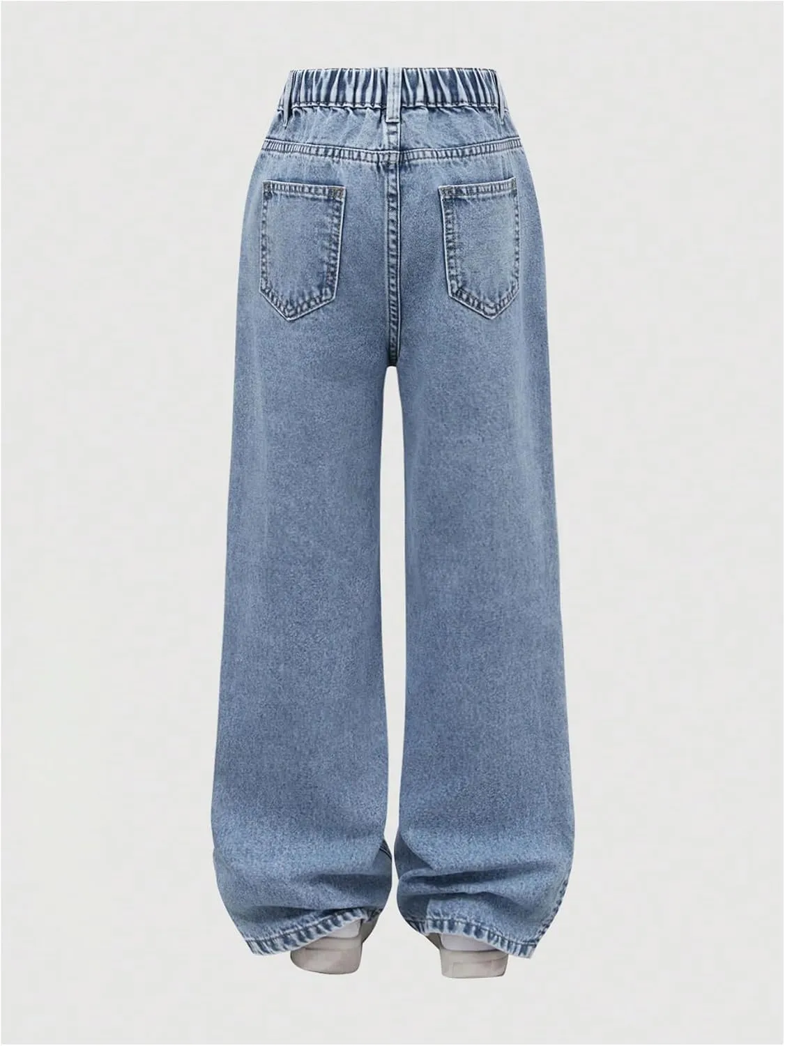 Girl's Bow Graphic Patch Jeans Elastic Waist Straight Leg Y2k Denim Pants with Pockets