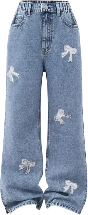 Girl's Bow Graphic Patch Jeans Elastic Waist Straight Leg Y2k Denim Pants with Pockets
