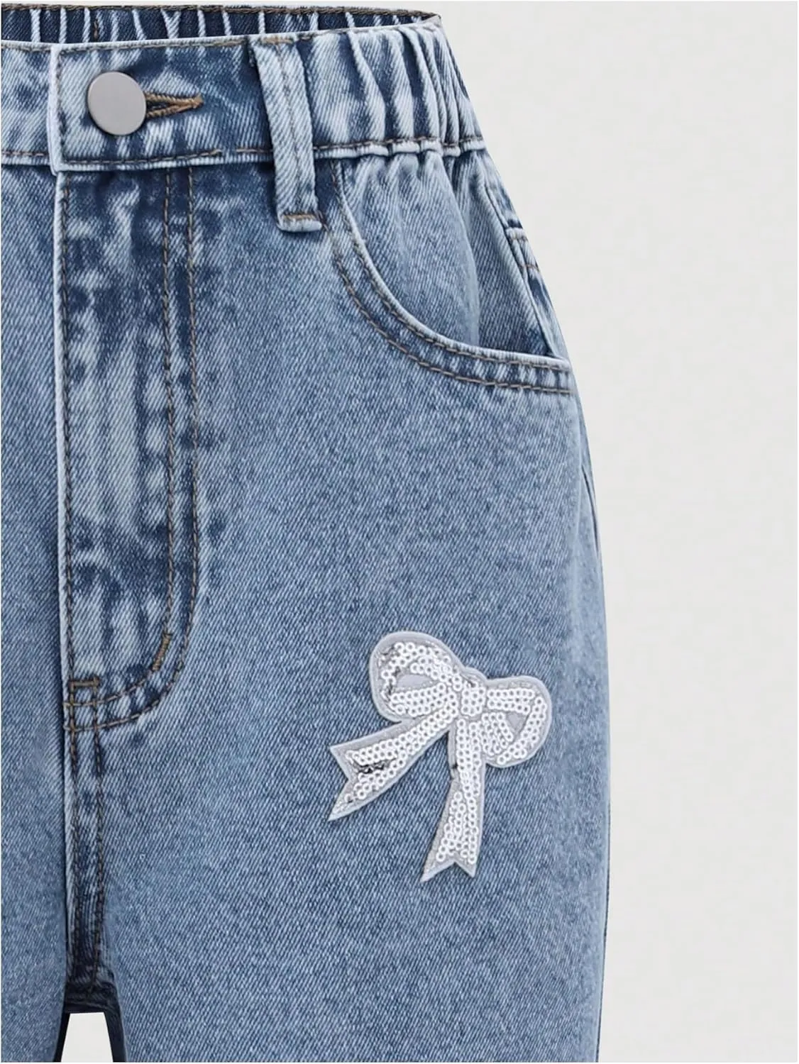 Girl's Bow Graphic Patch Jeans Elastic Waist Straight Leg Y2k Denim Pants with Pockets