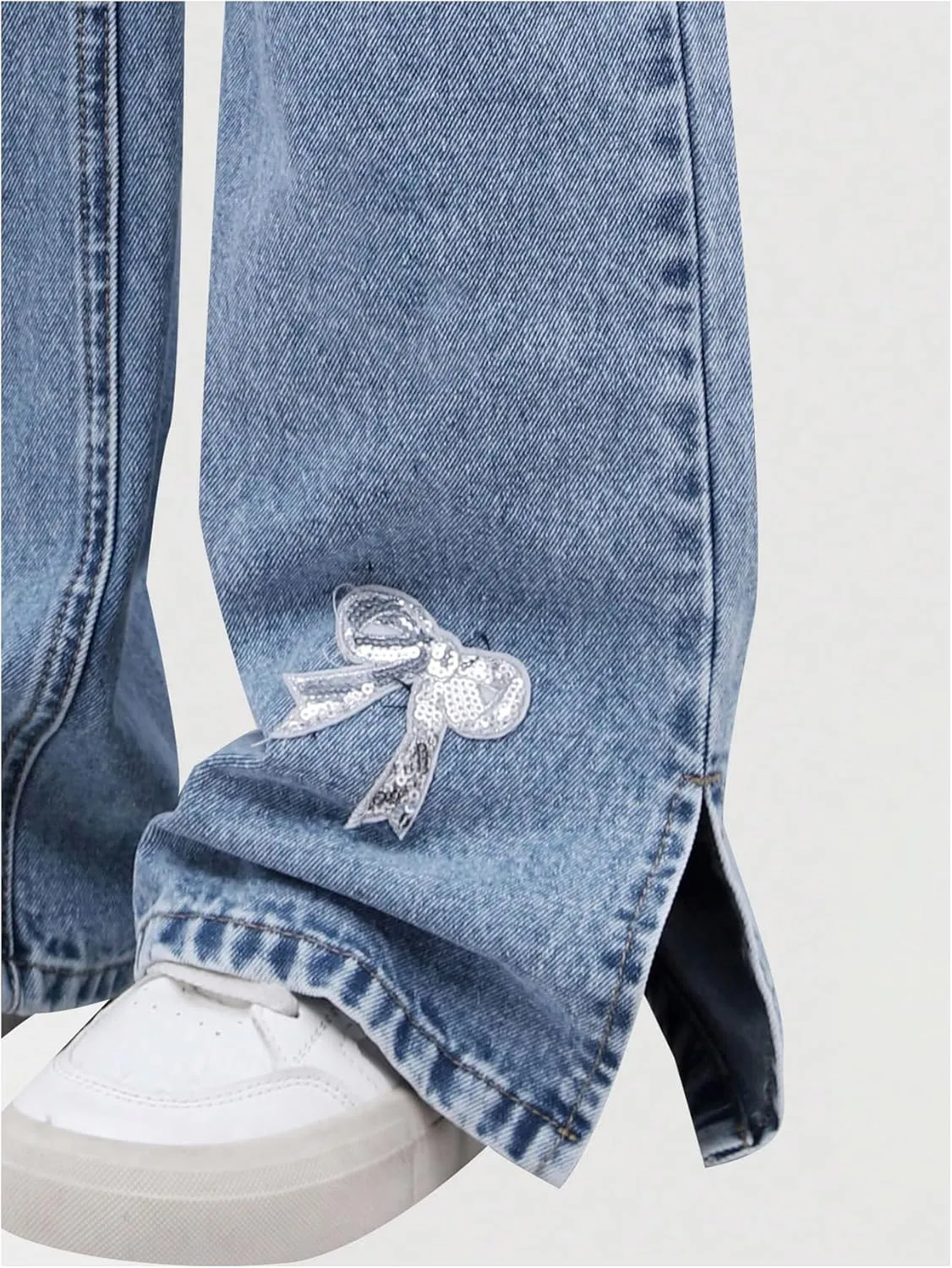 Girl's Bow Graphic Patch Jeans Elastic Waist Straight Leg Y2k Denim Pants with Pockets