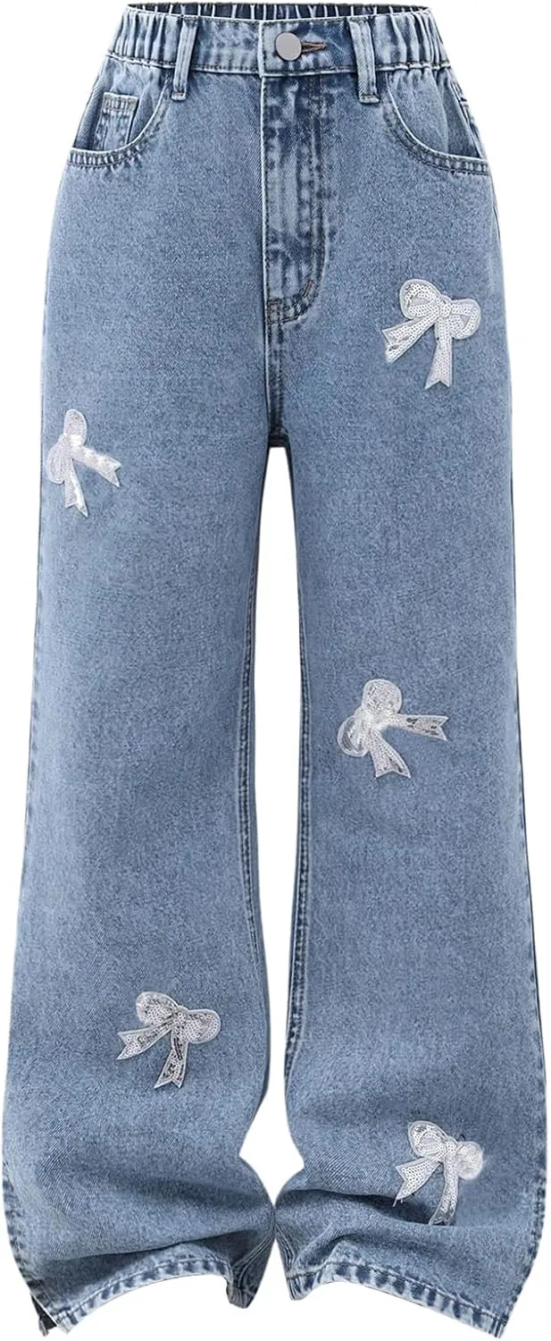 Girl's Bow Graphic Patch Jeans Elastic Waist Straight Leg Y2k Denim Pants with Pockets