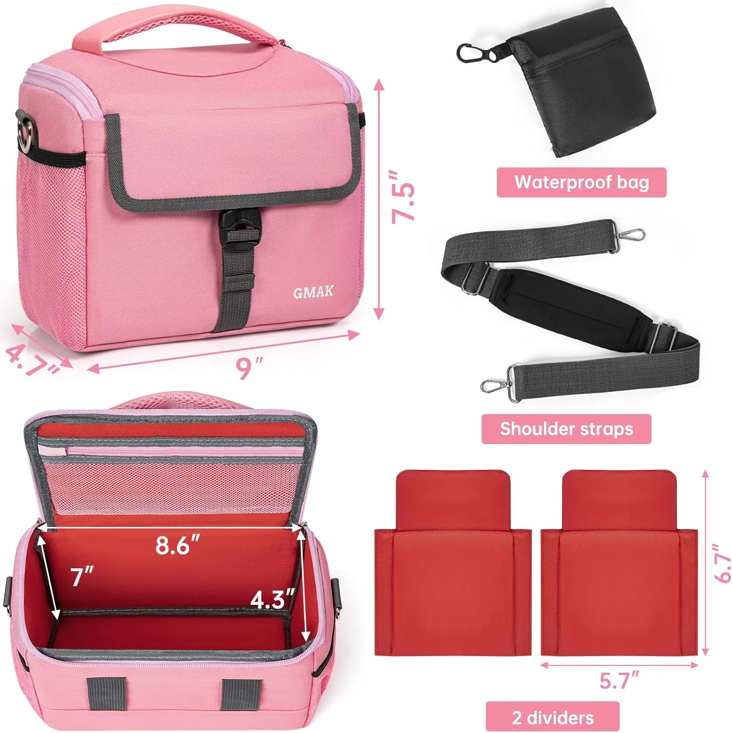 GMAK Camera Bag for Photographers, Anti-shock Camera Shoulder Bags with Water-resistant Rain Cover, Camera Case Compatible for DSLR/SLR/Mirrorless Cameras, 9''  4.7''  7.5'', Pink