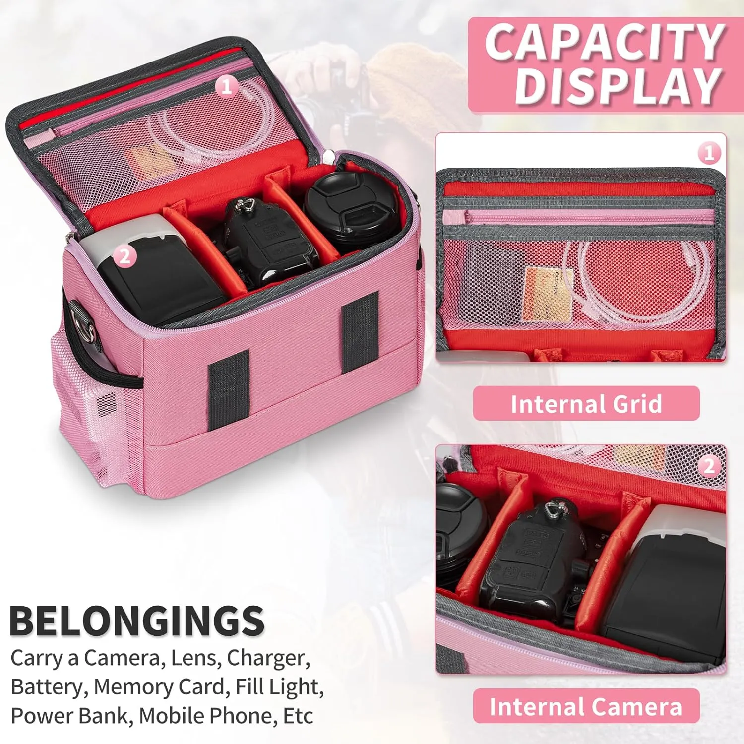 GMAK Camera Bag for Photographers, Anti-shock Camera Shoulder Bags with Water-resistant Rain Cover, Camera Case Compatible for DSLR/SLR/Mirrorless Cameras, 9''  4.7''  7.5'', Pink