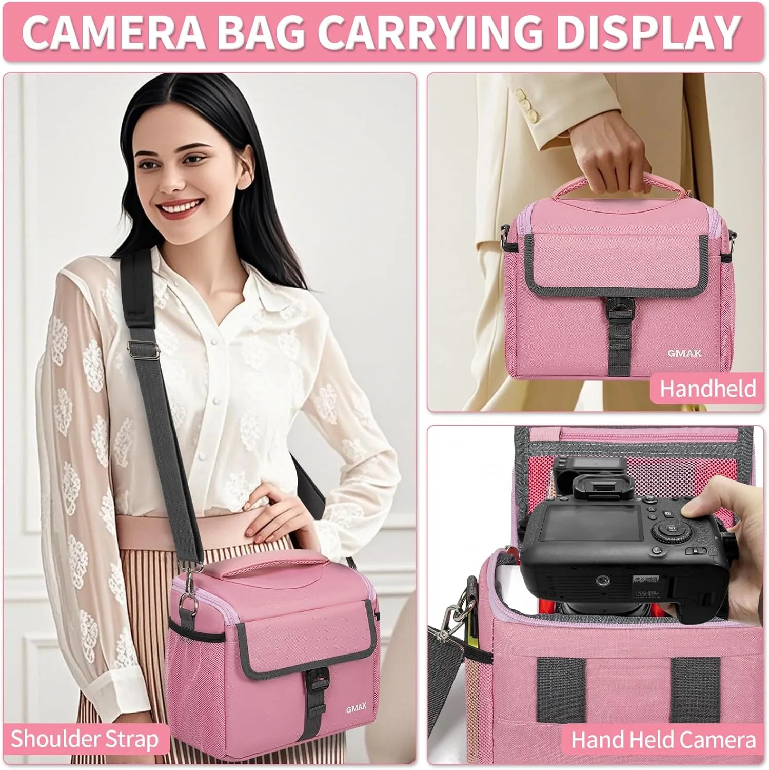 GMAK Camera Bag for Photographers, Anti-shock Camera Shoulder Bags with Water-resistant Rain Cover, Camera Case Compatible for DSLR/SLR/Mirrorless Cameras, 9''  4.7''  7.5'', Pink